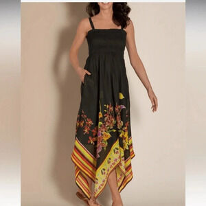 Soft Surroundings Black Maya Riviera Smocked Floral Tropical Vacation Maxi Dress